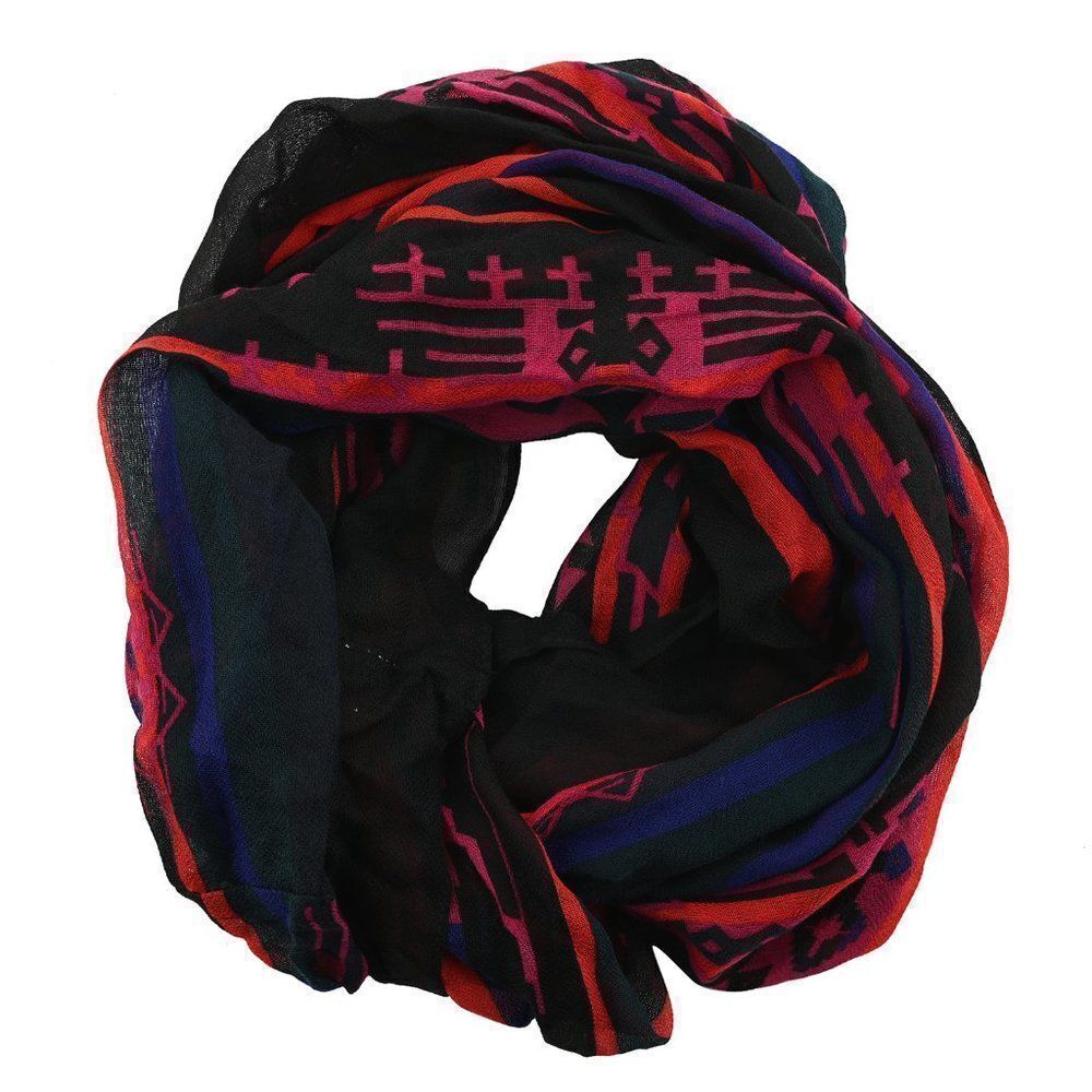 Black Southwestern Print Lightweight Oblong Scarf with Raw Fringe 3 For $30
